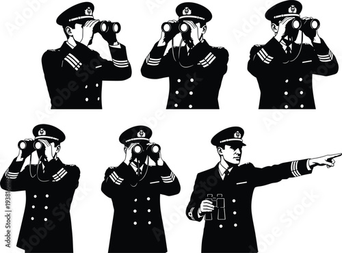 Naval officer with binoculars vector set, sea captain lookout illustration, maritime navigation surveillance, sailor commander observing ocean horizon