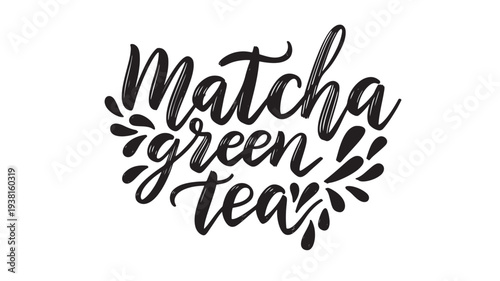 Matcha green tea lettering with decorative splashes and flourishes, hand-drawn calligraphy style on white background for beverage branding.