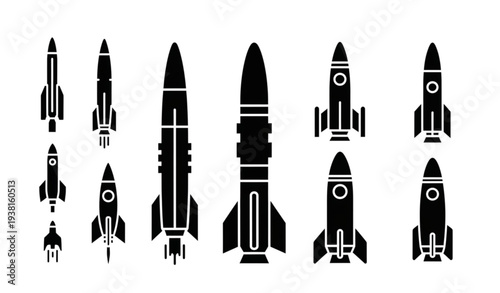 Modern rocket and missile silhouette icon pack vector isolated on transparent background