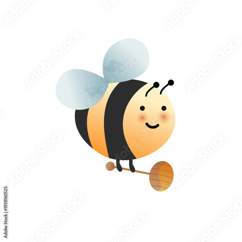 Striped bee with a honey spoon on a white background