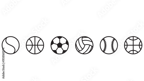 Sports balls icons set with tennis, basketball, soccer, volleyball, baseball, and abstract basketball