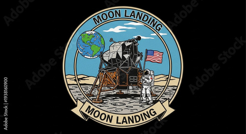 Apollo Moon Landing Emblem with Astronaut and Lunar Module.