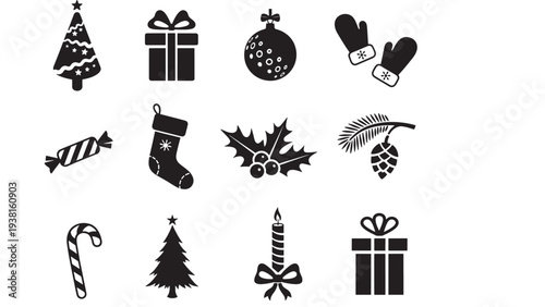 Christmas icons including trees, gifts, ornaments, candy canes, stockings, mittens, holly, and pine cones in a stylized black silhouette.