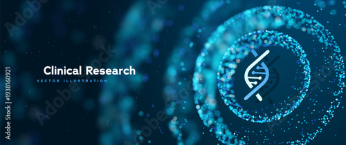 Clinical Research Concept With Futuristic DNA Strand And Digital Particles Illustrating Biotechnology, Genome Analysis Medical Innovation. Clinical Research, Genetic Science. Vector Illustration.