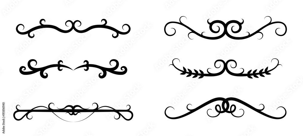 Obraz premium Set of black decorative divider motifs featuring curled scrolls and leaf-like elements on white background. Ornamental, symmetrical, for invitations and layouts. Vector illustration