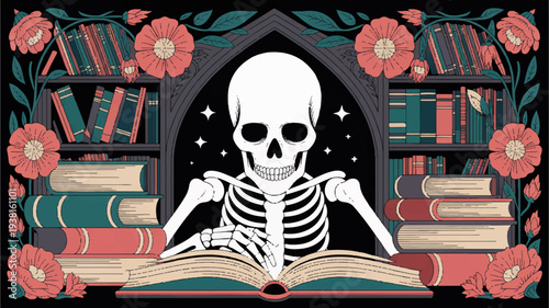 Skeleton reading a book in a library with flowers and bookshelves mystical atmosphere