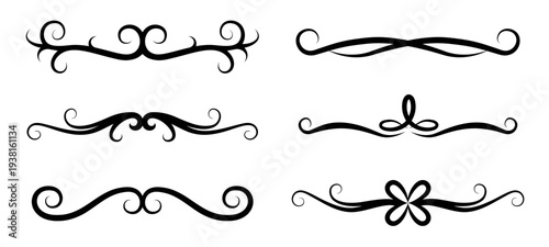 Set of six black ornamental dividers and flourishes on white background, elegant vintage borders, decorative swirls and flower motif. Vector illustration