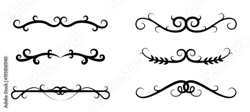 Set of black decorative divider motifs featuring curled scrolls and leaf-like elements on white background. Ornamental, symmetrical, for invitations and layouts. Vector illustration