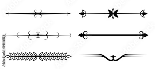 Collection of black ornamental dividers and flourishes featuring leaf motifs, symmetrical curves, and decorative bars for borders. Vector illustration
