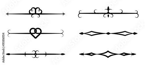 Set of black ornamental divider elements featuring hearts, loops, diamonds and floral shapes along straight lines on white background. Vector illustration