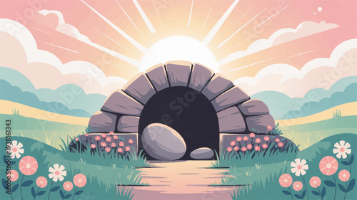 Serene cave entrance surrounded by flowers and lush greenery under a vibrant pink and yellow sky with radiant sunbeams