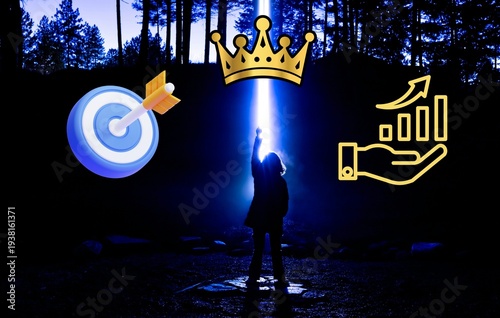 Concept of achieving business goals with growth graph, dartboard target and gold crown symbols