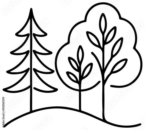 Vektor Seni Garis Pohon Campuran Minimalis, Sketsa Pohon Pinus dan Pohon Gugur Garis Tipis Sederhana, Ilustrasi Alam Botani Modern untuk Branding Ramah Lingkungan