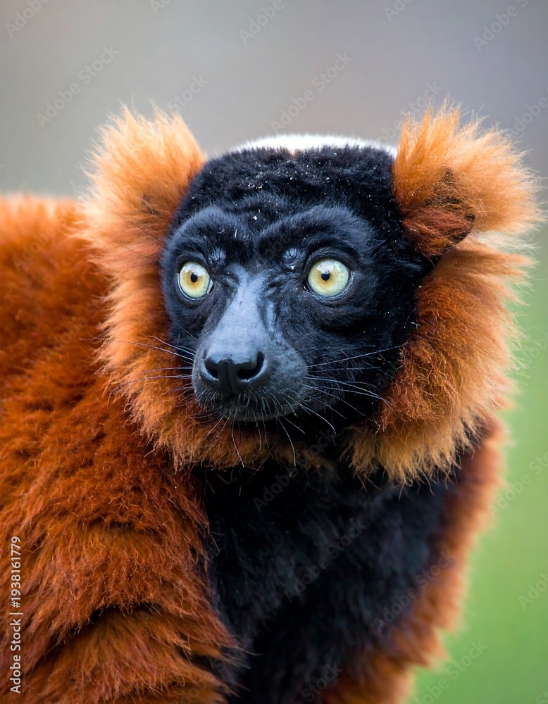 Fototapeta premium Close-up of a red ruffed lemur with striking eyes and a curious gaze