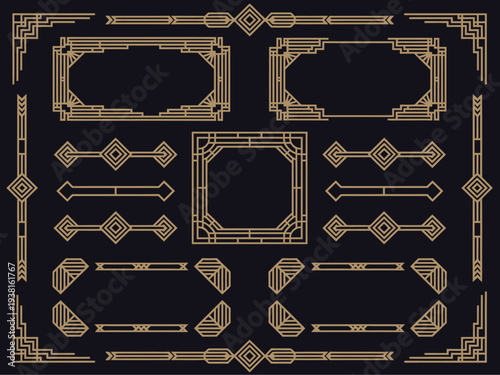 art deco line border modern arabic gold frames, decorative lines borders and geometric golden label frame vector design elements, luxurious emblem for award certificate rank title insignia decorative 