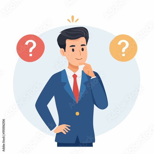Man in blue suit contemplating with question marks around him in a thoughtful pose