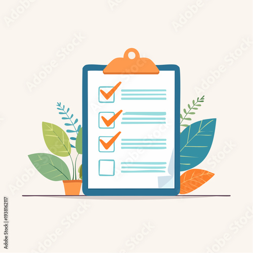 Illustration of a checklist on a clipboard with plants beside it on a flat surface viewed from the front