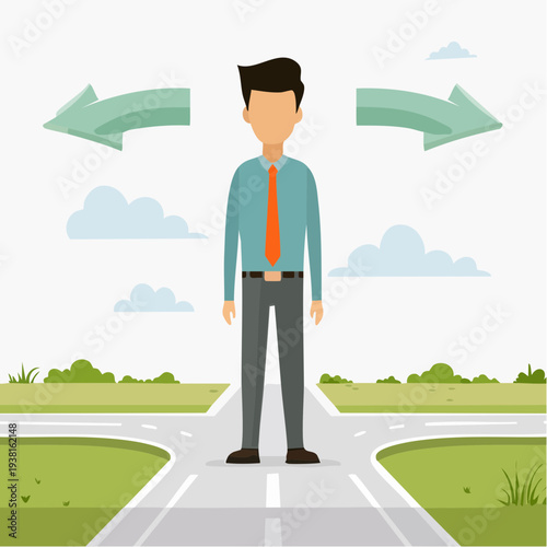 Man standing at a crossroads with two paths ahead, contemplating the direction to take in a serene landscape view