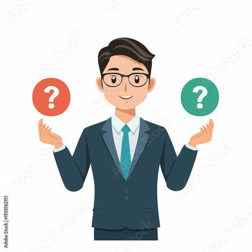 Man in suit holding question marks considering options in professional setting illustration