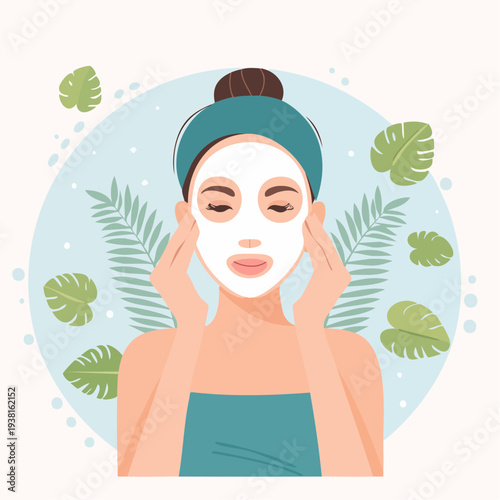 Woman applying facial mask surrounded by tropical leaves in a serene spa environment from a front viewpoint
