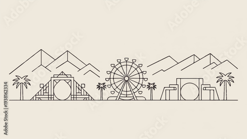 Desert amusement park line art with ferris wheel palm trees and ancient ruins under mountains