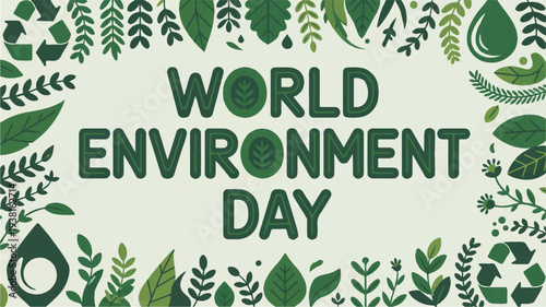 World environment day poster with green leaves and eco symbols on light green background