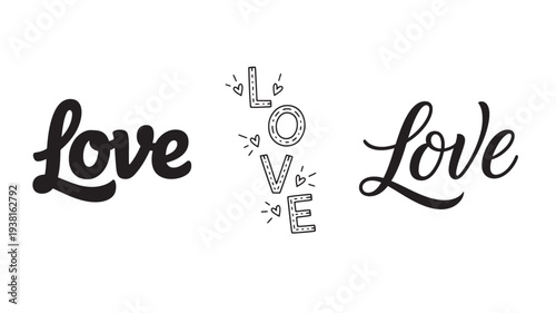Love word in calligraphy and hand-drawn lettering with hearts and decorative elements, presented on a white background