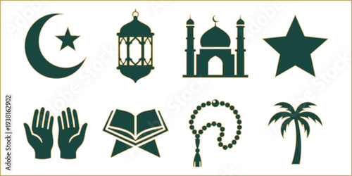 Collection of dark green flat Islamic Ramadan vector icons isolated on white.