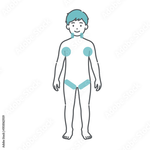 男の子（子供）の人体図イラスト（熱中症・発熱時の冷やすポイント・応急処置）