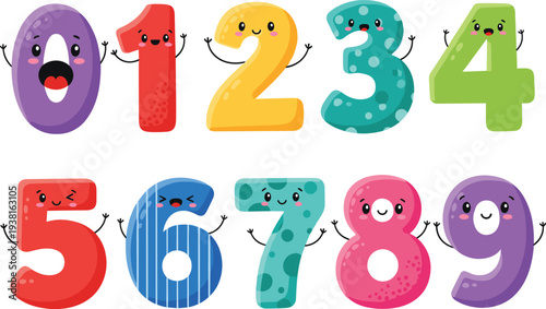 Cute cartoon numbers set with smiling faces, colorful kids learning digits collection, playful educational counting characters for children flat vector illustration