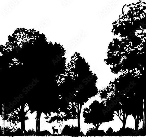 Dense Forest Silhouette with Wild Deer, Lush Woodland Landscape Vector Art, Wildlife Sanctuary Scene with Deciduous Trees for Nature Conservation Design