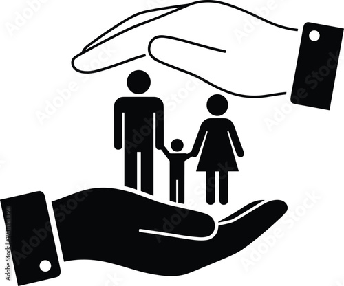 Family protection concept with hands, insurance security symbol, parents and child safety care icon, social protection flat vector illustration