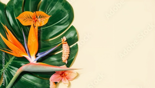 Vibrant Tropical Flora Arrangement on Monstera Leaf Background
