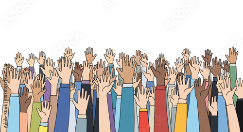 A dense multitude of diverse hands, varying in skin tone and sleeve color, extends upwards with open palms against a white background.