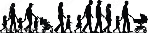 Family walking silhouette collection, parents with children and baby stroller, happy parenting lifestyle scene isolated icons set, flat vector illustration