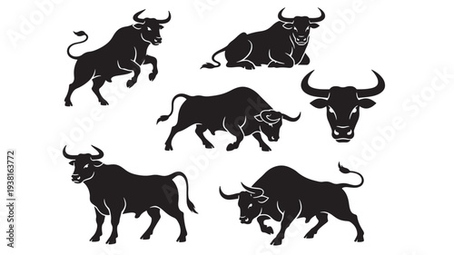 Bulls set black silhouette with various poses and a head symbol on a white background featuring bull, icon, animal with power and strength elements