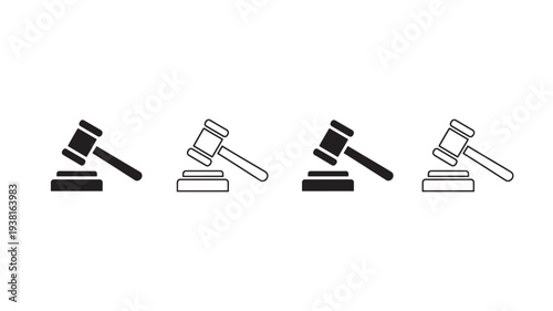 Gavel icons in solid fill and outline styles, representing legal judgment and auction. featuring judge, justice, law with court and decision elements