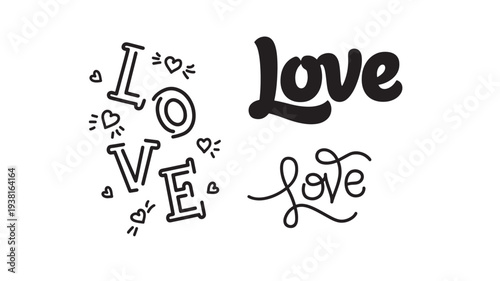 Love text in various handwritten and outlined styles with small hearts and radiating lines, representing affection.