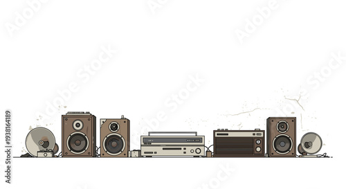 A collection of vintage audio equipment, including speakers, a reel-to-reel player, and an amplifier, is arranged on a cracked white surface.