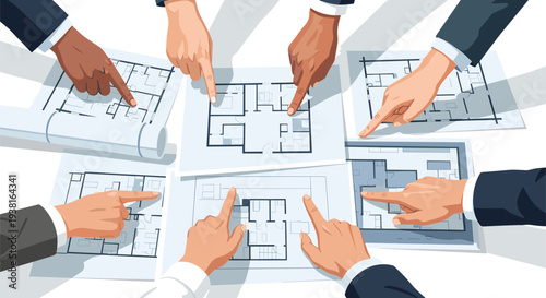 Eight hands with diverse skin tones and formal sleeves are actively pointing at several detailed architectural blueprints laid out on a clean white table.