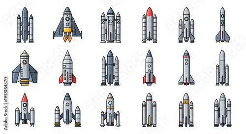 Collection of cartoon rocket ships and space shuttles.