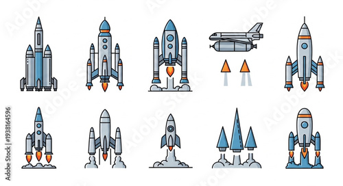 Collection of cartoon rockets and spacecraft icons.