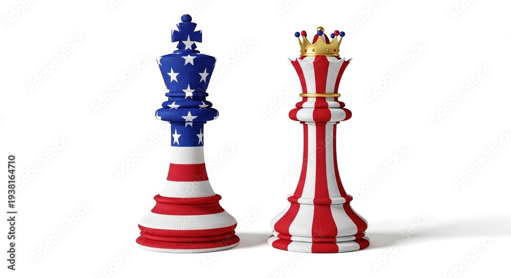 Fototapeta premium 3D chess pieces king in red and blue with crowns and stars on white background for strategy and leadership concept