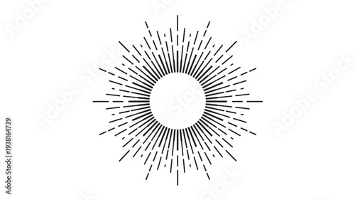Starburst icon with radiating black lines and empty circular center, representing a burst of energy or light, perfect for vintage designs.