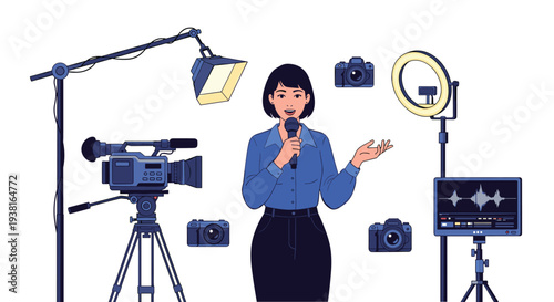 A female presenter holds a microphone, surrounded by a video camera on a tripod, a studio light, a ring light, a monitor, and several still cameras on a white background.