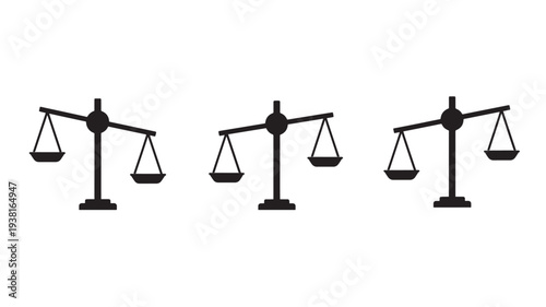 Scales balance icon set in black silhouette, representing justice, fairness, and equality with varying weight distributions.