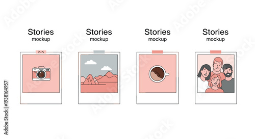 Four identical vertical frames, each labeled Stories mockup, display distinct simple illustrations of a camera, mountains, a coffee cup, and people on a white background.