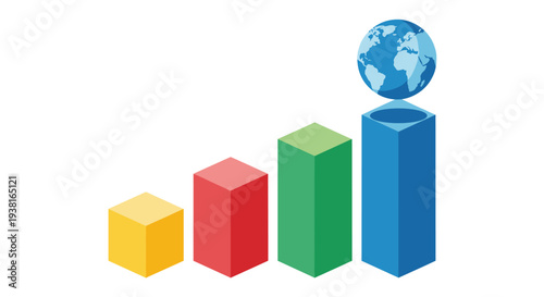 Four colorful isometric bar chart columns rise in height from left to right, with a blue globe resting atop the tallest blue column against a plain white background.