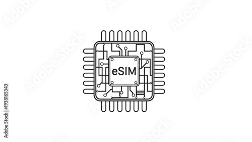 Chip eSIM icon with circuit board lines and pins representing integrated digital SIM technology for modern mobile devices.