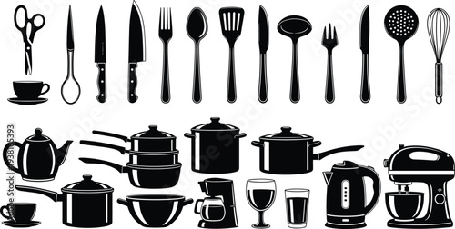 Kitchen utensils and cookware collection set, cooking tools, knives, pots, kettle, mixer, spoon, fork silhouettes isolated, flat vector illustration